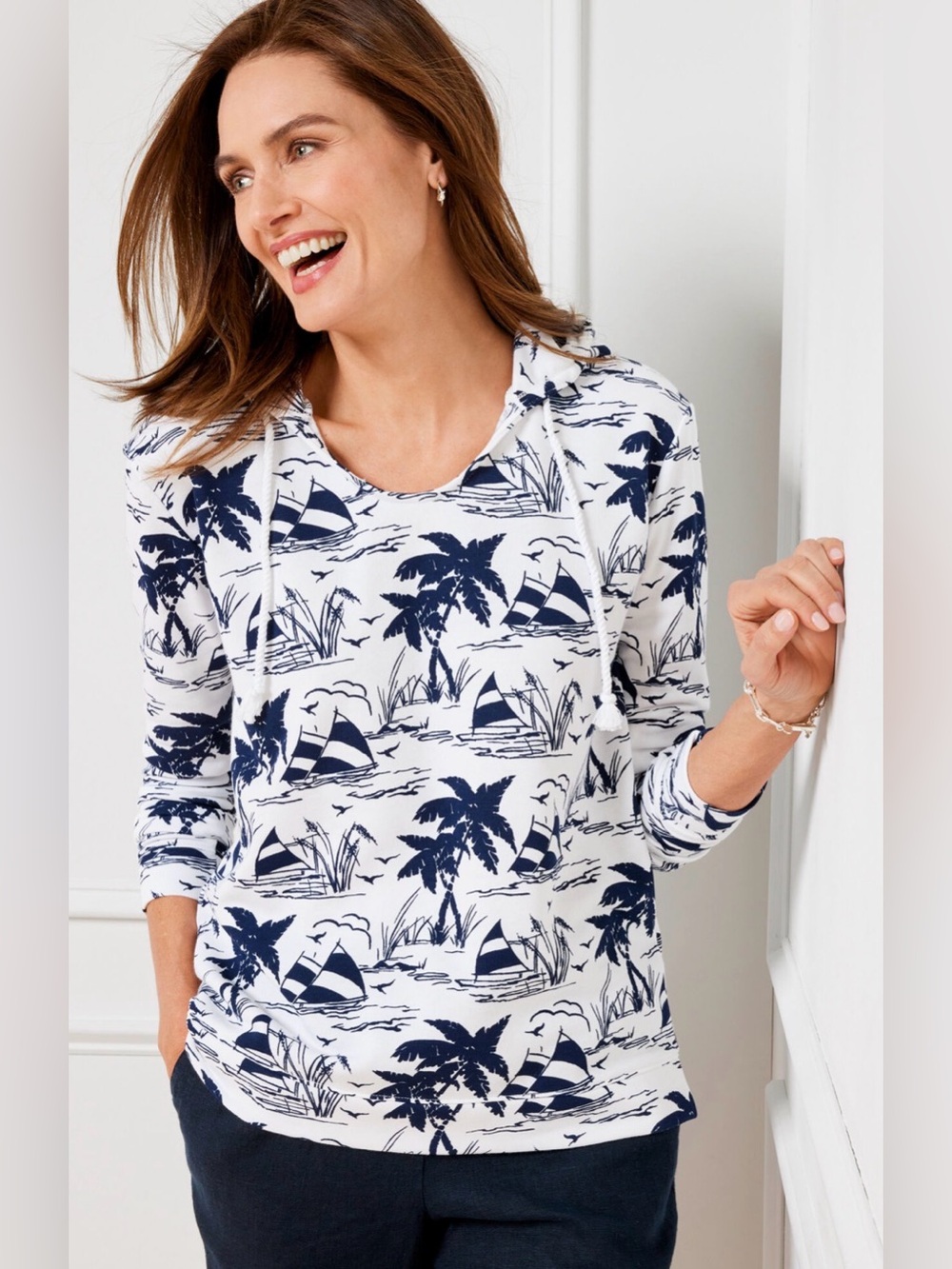 Talbots Scoop Neck Hoodie Sail Away Sail Boat/Palm Print Soft Stretch Sz XL